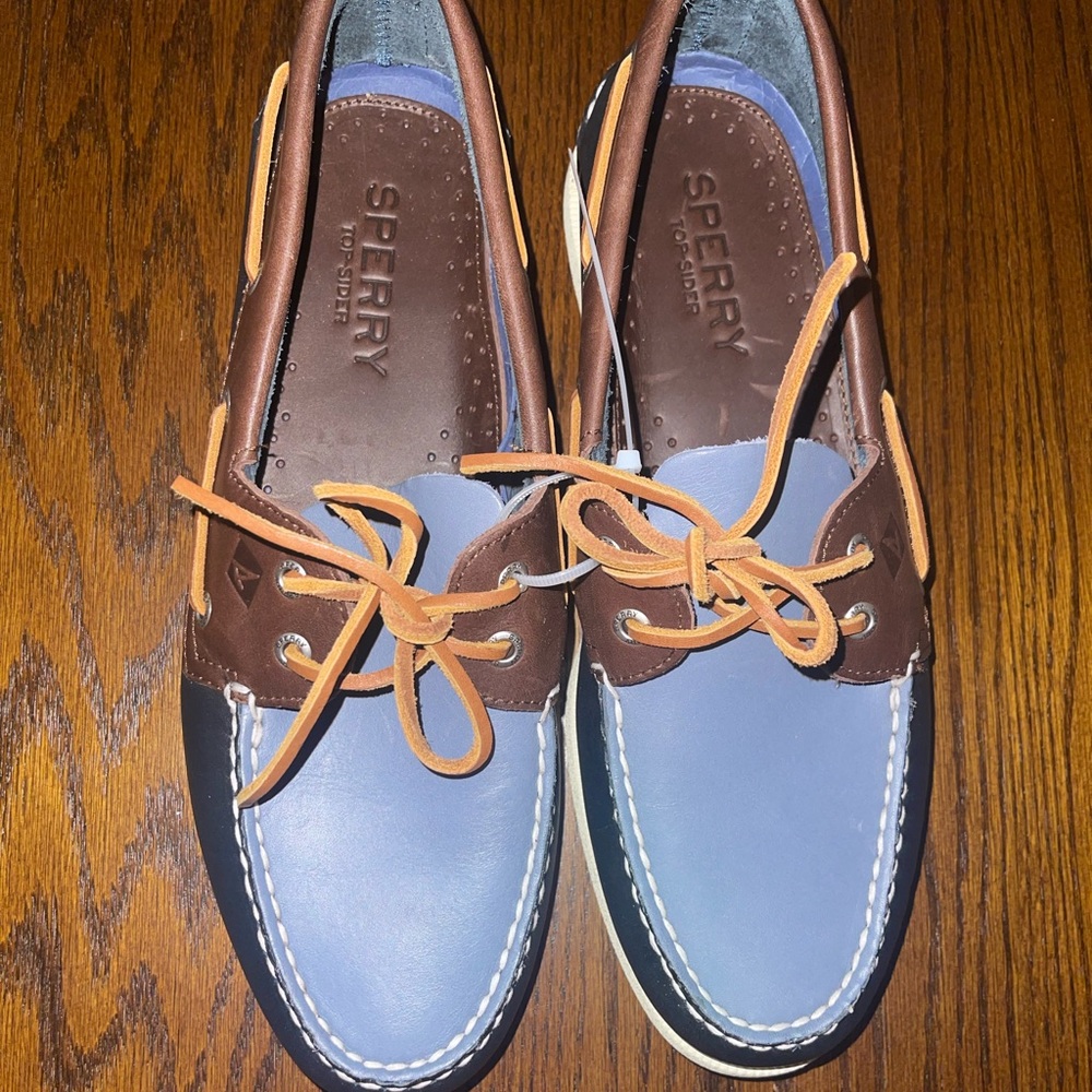 New Mens Sperry Top-Slider shoe in Navy blue leather, brown and light blue